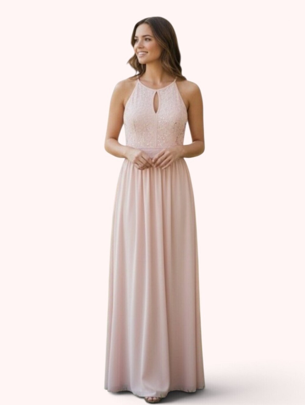 Morgan & Co Blush Pink Sequin Lace Maxi Dress Size 14 Halter Bridesmaid Formal